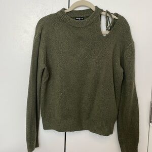 Army green sweater with open tie shoulder
